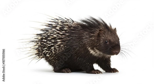 Obraz 清潔な白い背景で鮮明に捉えられた警戒するヤマアラシの全身像黒い体から鋭い針が無数に伸び光を反射しその独特な存在感を強めています. AI Generated