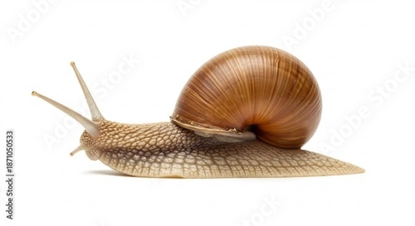 Obraz 明るいスタジオ照明に照らされ白い背景をゆっくりと這う茶色のカタツムリ 光沢ある殻が美しく輝き柔らかな体が質感豊かに捉えられている. AI Generated