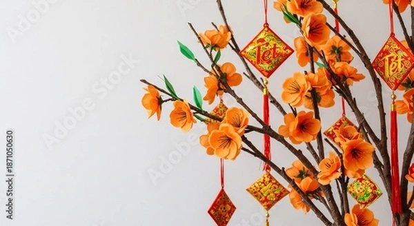 Obraz 柔らかな光の中で輝く鮮やかなオレンジ色の花が咲き乱れる枝に赤い伝統飾りと金のお守りが美しく揺れ動き旧正月を祝う華やかなアジアの装飾. AI Generated