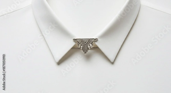 Fototapeta 明るい背景に浮かぶ白いシャツの襟元できらめく精巧な幾何学模様のピンが洗練された魅力を放つ モダンで上品なスタイルを演出する印象的なアクセサリーとしてフォーマルやビジネスシーンに最適な品格あるアクセント. AI Generated