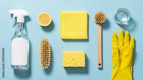 Obraz 明るい光に照らされ青い背景に並ぶ黄色いエコ掃除用品は清潔感あふれる爽やかな印象を与える. AI Generated