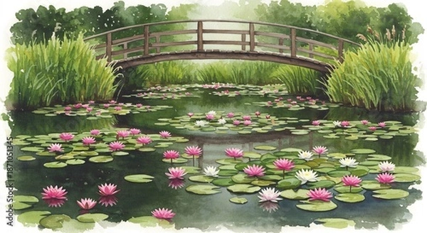 Obraz 穏やかな陽光が水面を優しく照らす美しい水彩画 緑豊かな植物に囲まれた池には鮮やかなピンクと白の睡蓮が咲き乱れ優雅に湾曲した木製の橋が静かに架かる癒やしの風景. AI Generated