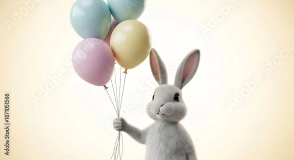 Obraz 柔らかな光に包まれたふわふわうさぎがパステル風船を大事に抱え明るい未来へ歩み出す幻想的な世界. AI Generated