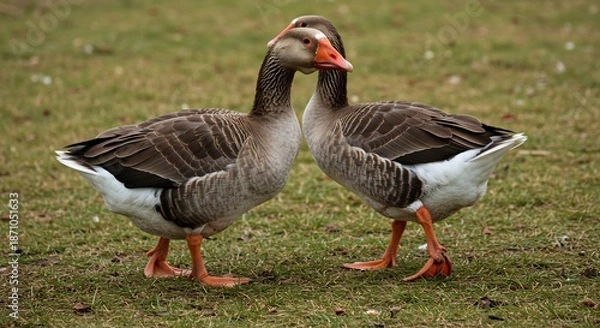 Obraz 緑の芝生で寄り添う二羽のガチョウ優しい光が彼らの愛情深い瞬間を温かく照らす自然な風景. AI Generated