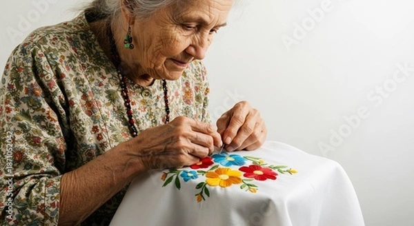 Obraz 明るい光が照らす中 白い布に鮮やかな花を丁寧に刺繍する優しいおばあちゃんの横顔. AI Generated