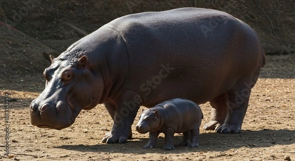 Obraz 穏やかな日差しが降り注ぐ広大な土の地面で悠然と立つ親カバと愛らしく小さく寄り添う子カバ心温まる親子の絆が美しく描かれた自然の瞬間. AI Generated