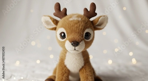 Obraz 柔らかな光に包まれた愛らしい子鹿のぬいぐるみがきらめくボケを背景に優しい瞳でこちらを見つめる心温まる夢のような瞬間. AI Generated