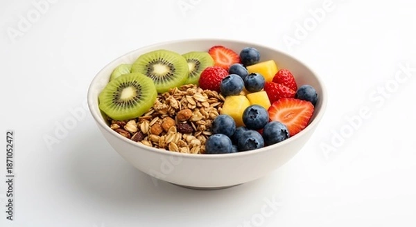 Obraz 清潔な白背景に映えるカラフルなフルーツグラノーラボウル 栄養満点ヘルシーな朝食. AI Generated