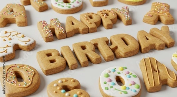 Obraz ＨＡＰＰＹ ＢＩＲＴＨＤＡＹの文字クッキーとドーナツ型クッキーが並びお祝いムードを盛り上げる甘く楽しいビジュアル. AI Generated