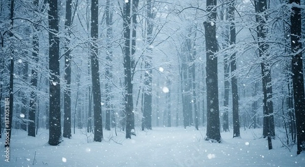 Obraz しんしんと降り積もる雪が森全体を神秘的な白銀の世界に変える冬の絶景。柔らかな自然光が舞い落ちる雪片と雪に覆われた木々を優しく照らし静寂で幻想的な空間を創り出す。. AI Generated