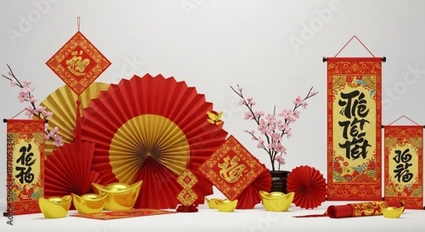 Obraz 鮮やかな赤と輝く金で彩られたベトナム旧正月テトの伝統装飾品幸福と繁栄を願う華やかな祭りの準備. AI Generated