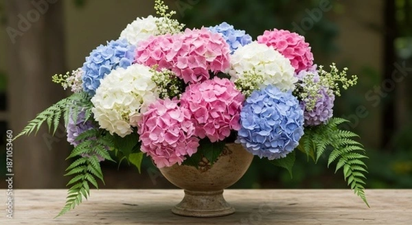Obraz 柔らかな自然光が降り注ぐ中 ピンク青白の鮮やかなグラデーション紫陽花が美しく咲き誇る アンティーク調の器に活けられたボリュームあるエレガントなフラワーアレンジメントがテーブルを華やかに彩る. AI Generated