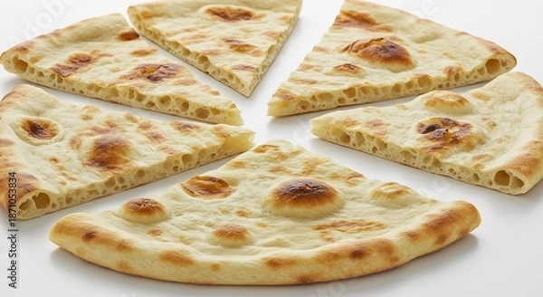 Obraz 明るいやわらかな光が降り注ぐ中温かい焼き立てのナンが丁寧に放射状に切り分けられふっくらもちもちの鮮やかな黄金色で食欲をそそる香ばしさが漂う魅力的な一枚. AI Generated