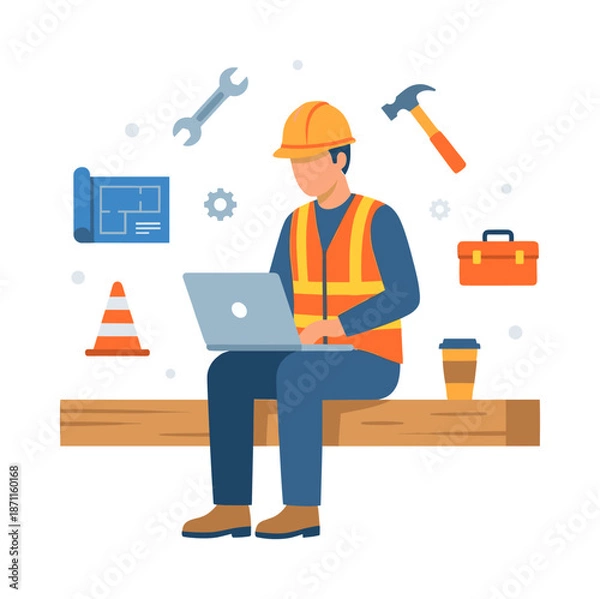 Obraz Construction worker using laptop, planning construction project