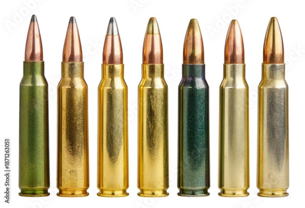 Obraz Assorted firearm cartridges in a horizontal row
