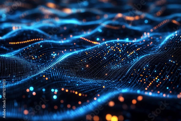 Obraz futuristic digital surface showing flowing data waves and glowing connection points.