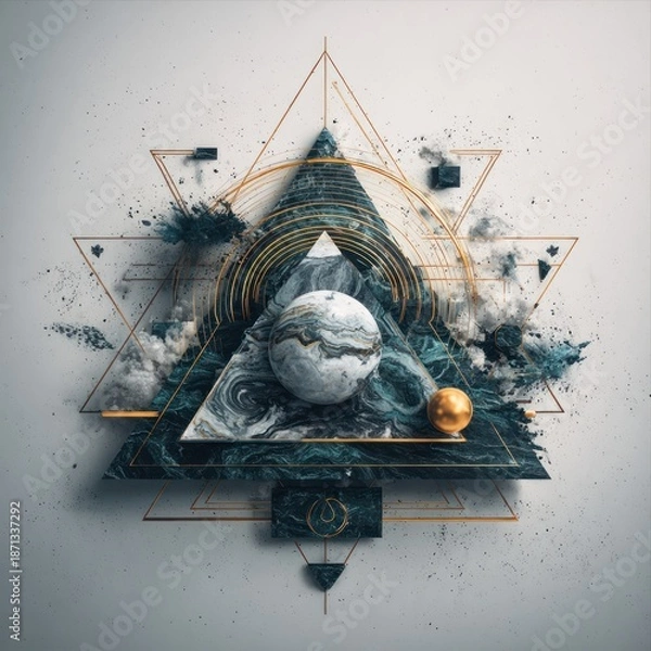 Obraz Abstract geometric composition with triangle and sphere elements on white background