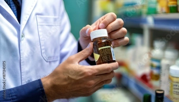 Obraz Pharmacist Examining Medication Bottle in Pharmacy Setting.