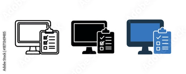 Obraz Computer icon set: desktop monitors with checklists in three styles