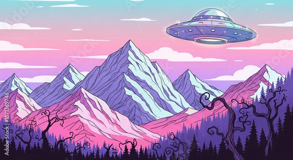 Fototapeta UFO Comic Space Landscape.