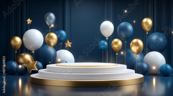 Obraz Blue and gold balloon booth background
