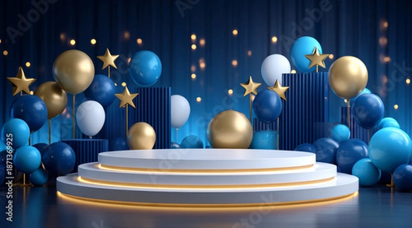 Obraz Blue and gold balloon booth background
