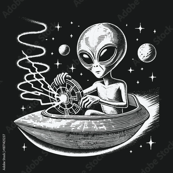 Obraz Alien Pilot Navigating Through Space with Advanced Technology.