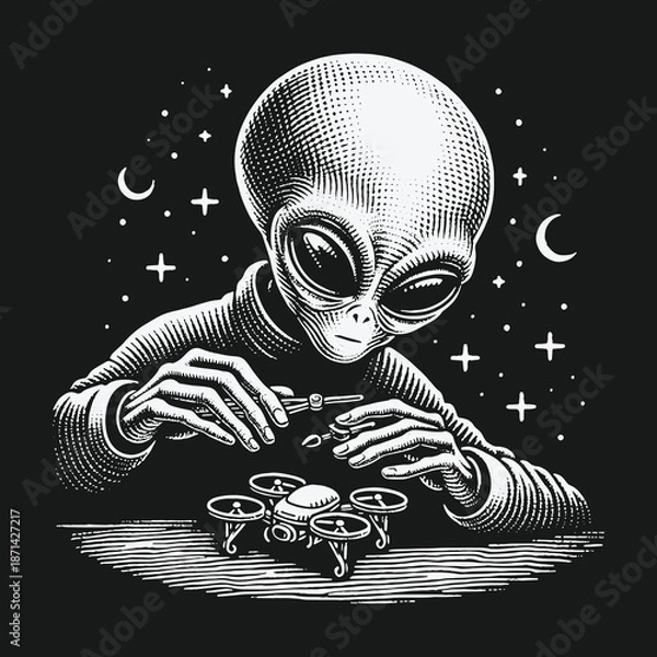 Obraz Alien Engineer: Meticulously Assembling a Drone in the Cosmos.