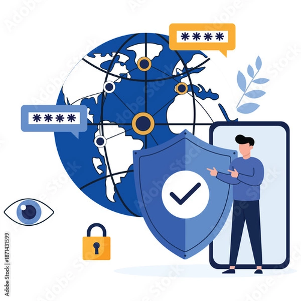 Obraz Digital Shield: A visual representation of data security, featuring a protective shield guarding sensitive information within a connected world.