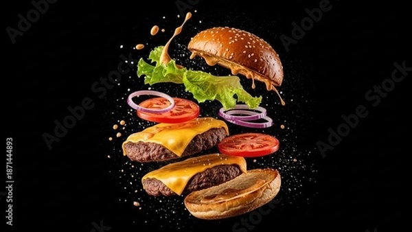 Obraz Deconstructed Cheeseburger Ingredients Floating in Mid- Air
