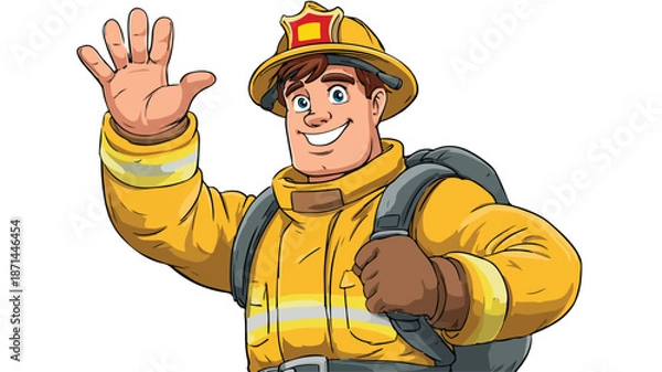 Obraz Dynamic Firefighter Cartoon Waving Vector Isolated on White Background