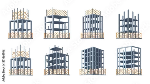 Obraz Building Construction Site Icons: Concrete Frames and Scaffolding Elements