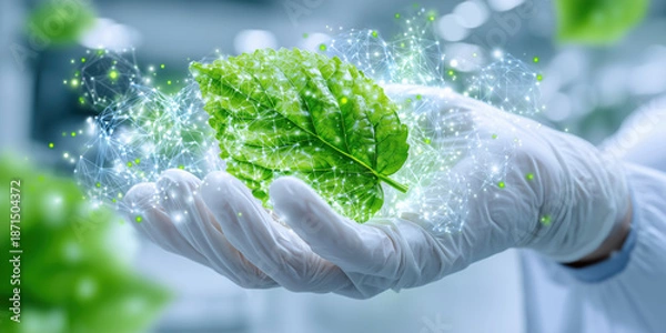 Obraz Hand holding green leaf with data network connection