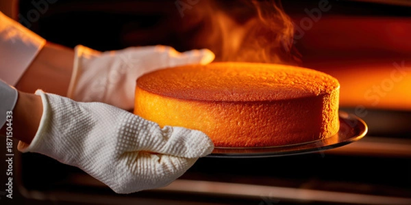Obraz Chef baking cake removing hot oven