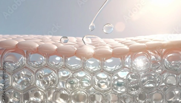 Fototapeta 肌内部へ浸透する美容液成分を表現したマクロ断面スキンケアビジュアル 淡色ピンク ジェネレーティブAI
