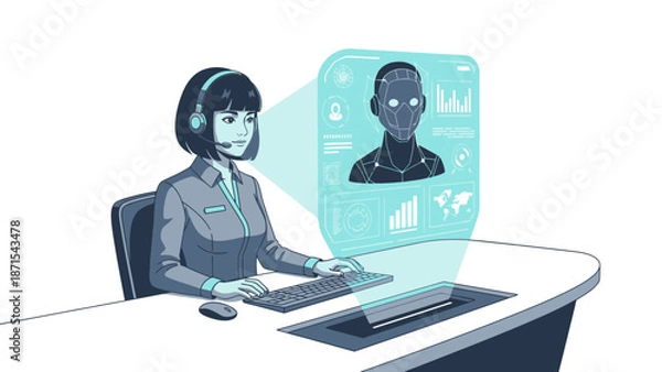 Obraz Woman Working on Computer with Virtual Assistant.