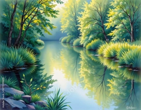 Obraz Tranquil River Scene with Lush Greenery and Reflection