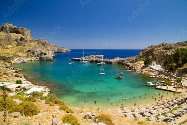 Fototapeta panoramic view of Lindos bay, Rhodes island, Greece