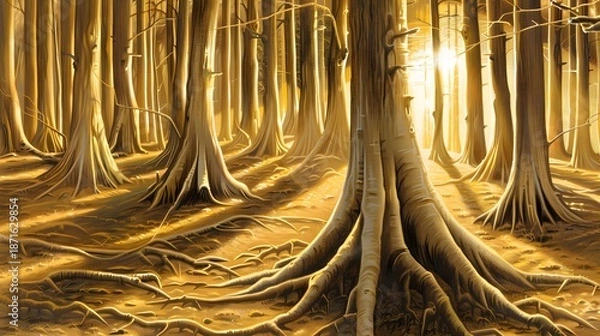 Obraz Forest sunset with golden rays filtering through the trees