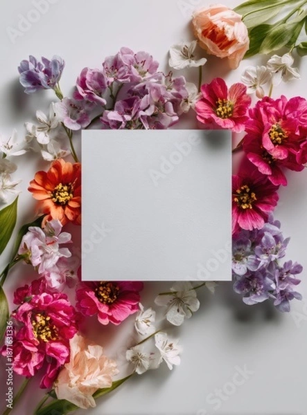 Obraz Flowers frame a central white square on soft background