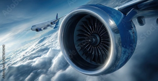 Obraz Airplane engine over clouds, another plane visible