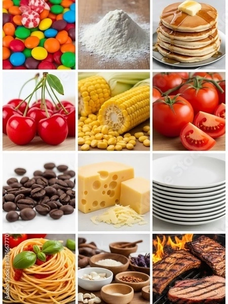 Fototapeta 多彩な食品の集合写真：甘いお菓子、粉、パンケーキ、新鮮な果物、野菜、パスタなど
