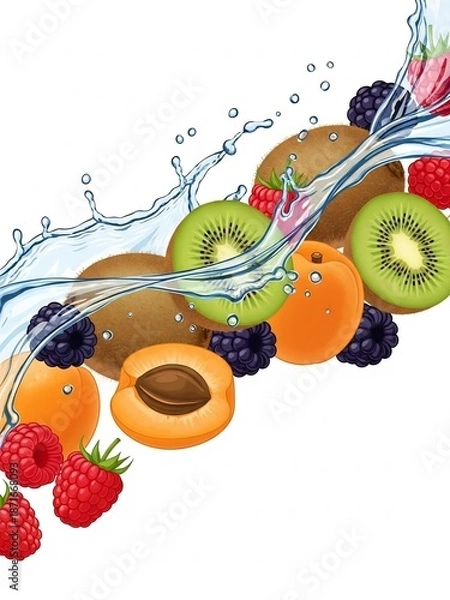 Fototapeta 新鮮な果物と水のしぶきが爽やかな夏らしいイメージのイラスト