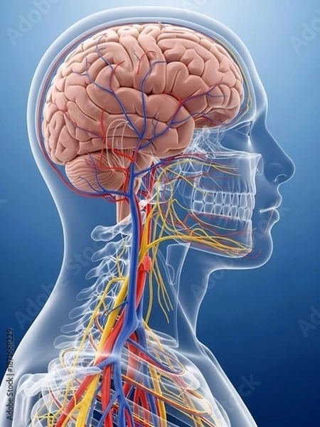 Fototapeta 青い背景に描かれた人間の脳と血管の精密な医療イラスト