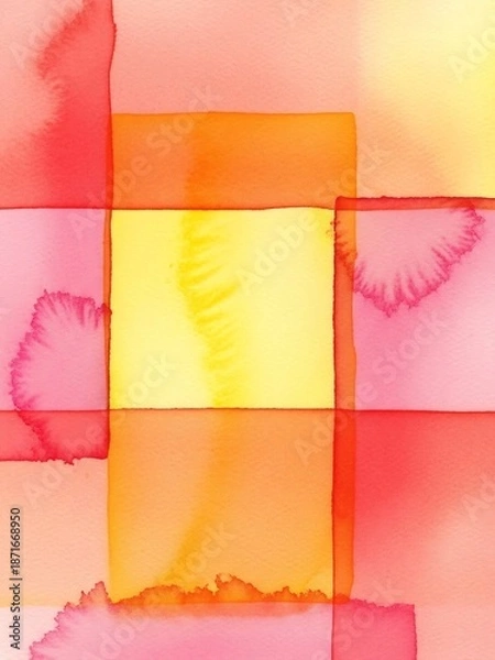 Fototapeta 抽象的な水彩画：暖色系の正方形が重なり合う美しい背景