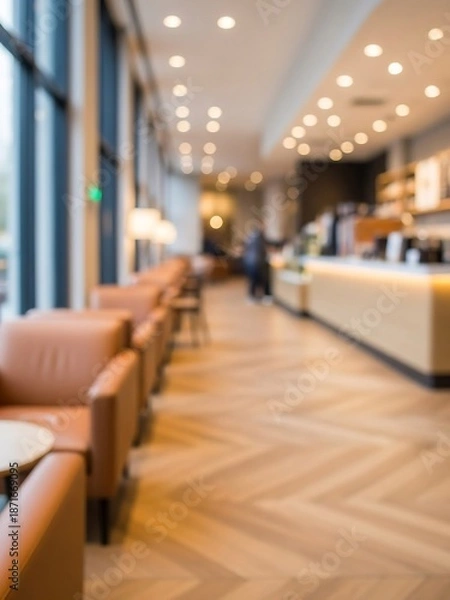 Fototapeta 暖かな光が差し込む、ぼやけたカフェの洗練されたインテリア