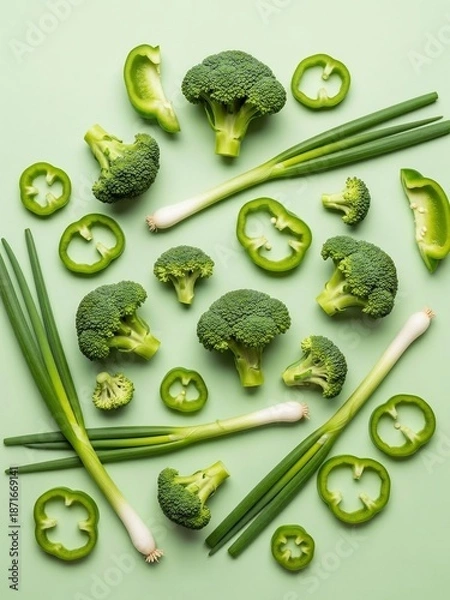 Fototapeta 鮮やかな緑色のブロッコリー、ネギ、ピーマンが淡い背景に並んだ静物写真