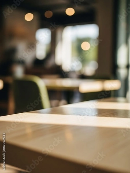 Fototapeta 光が差し込むカフェのテーブル席、穏やかな雰囲気の店内風景写真