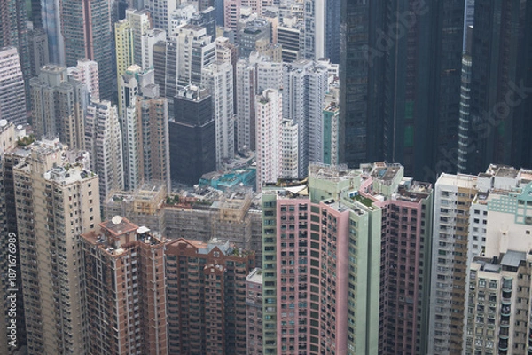 Obraz 高密度住宅が並ぶ香港の都市風景