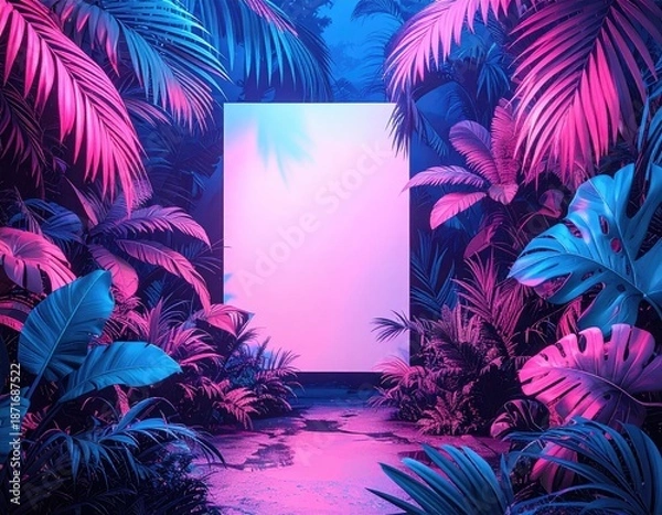 Fototapeta Neon flora frames lit empty rectangle